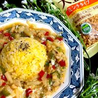 肉の日、大豆ミートであんかけ卵炒飯🥚